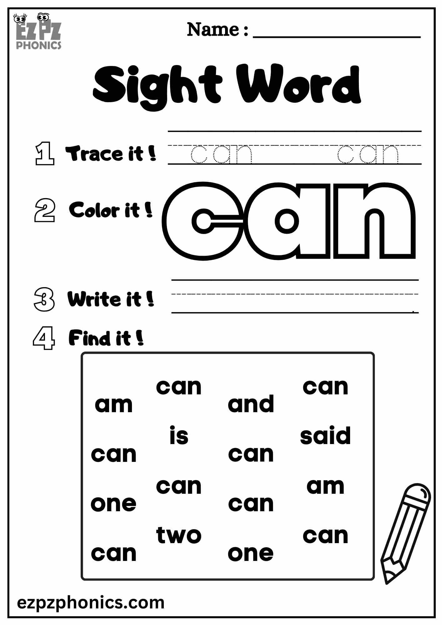 The Can Sight Word Worksheet for Pre-Kindergarten Students Dolch Sight Words Free PDF Download